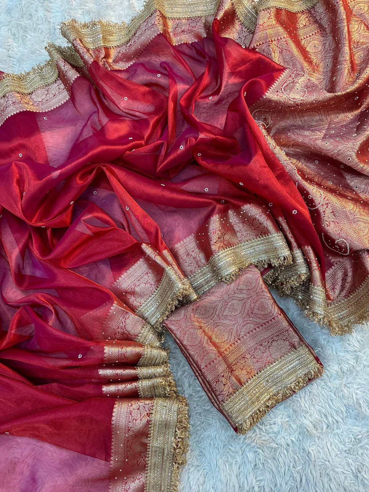 Red Banarasi Tissue Silk Saree Classy Stone Work With Lace - Alna Apparels