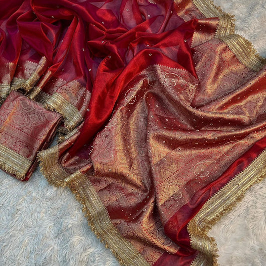 Red Banarasi Tissue Silk Saree Classy Stone Work With Lace Alna Apparels
