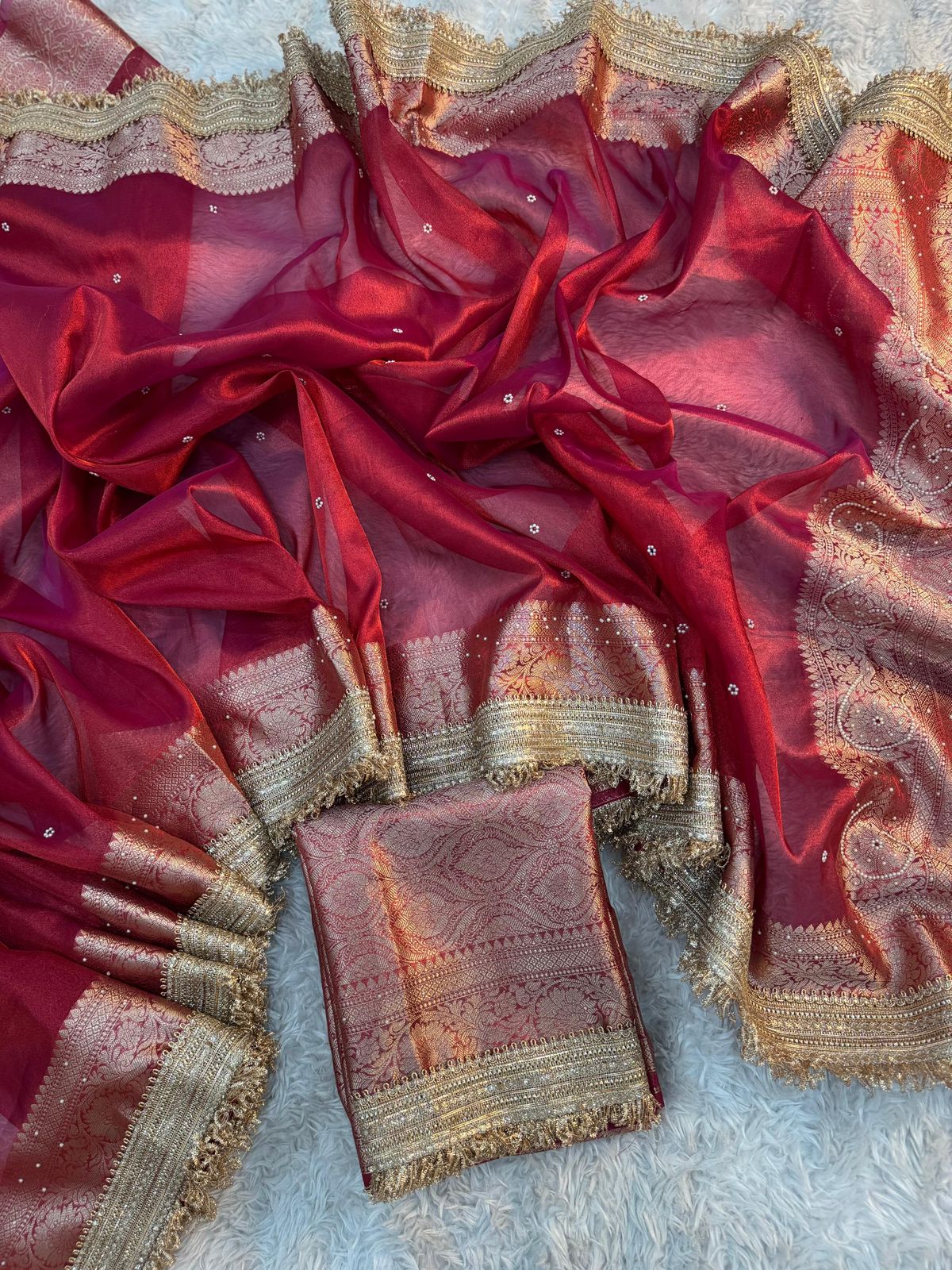 Red Banarasi Tissue Silk Saree Classy Stone Work With Lace - Alna Apparels