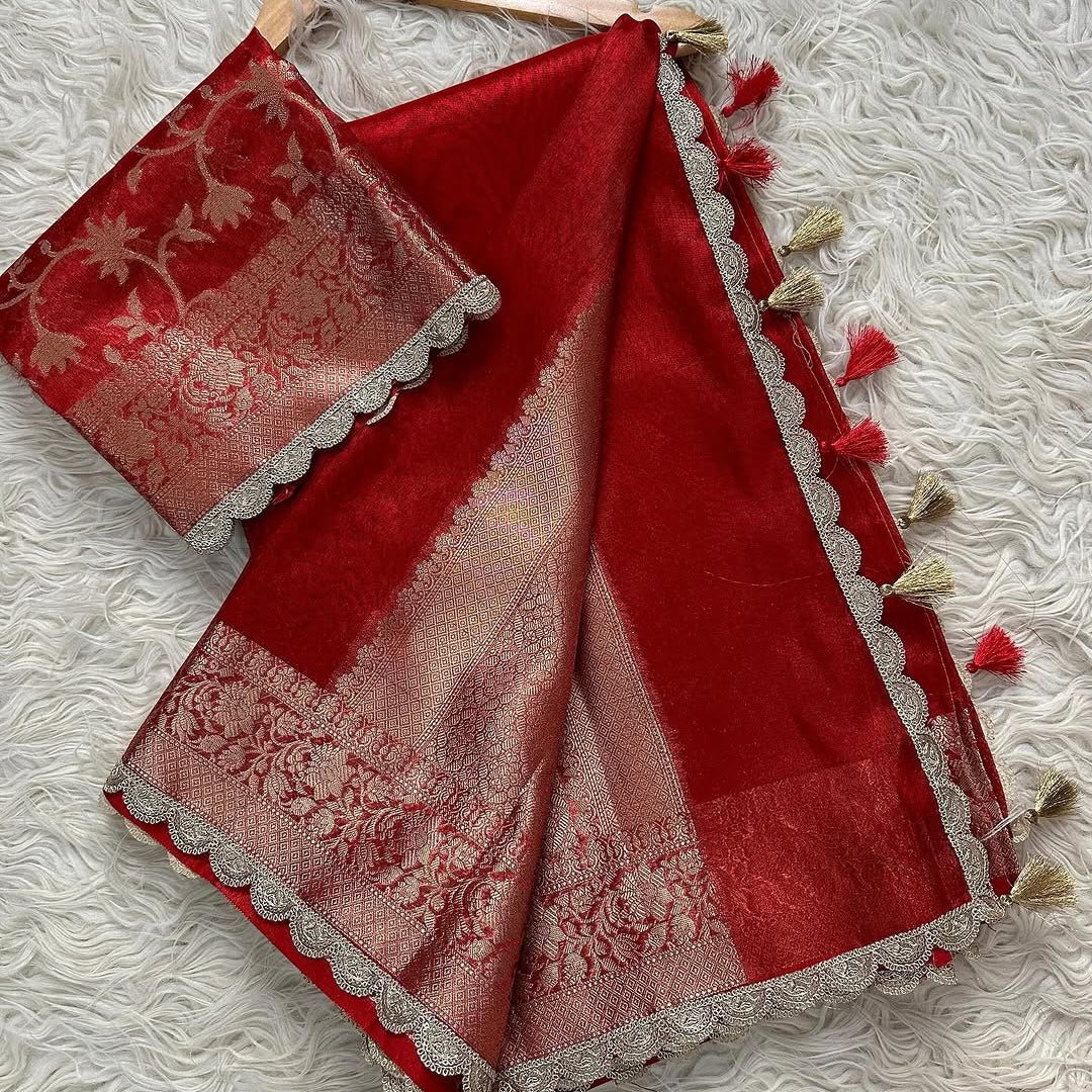 Red Banarasi Tissue Silk Saree With Lace - Alna Apparels