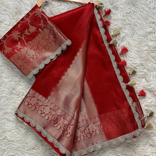 Red Banarasi Tissue Silk Saree With Lace Alna Apparels