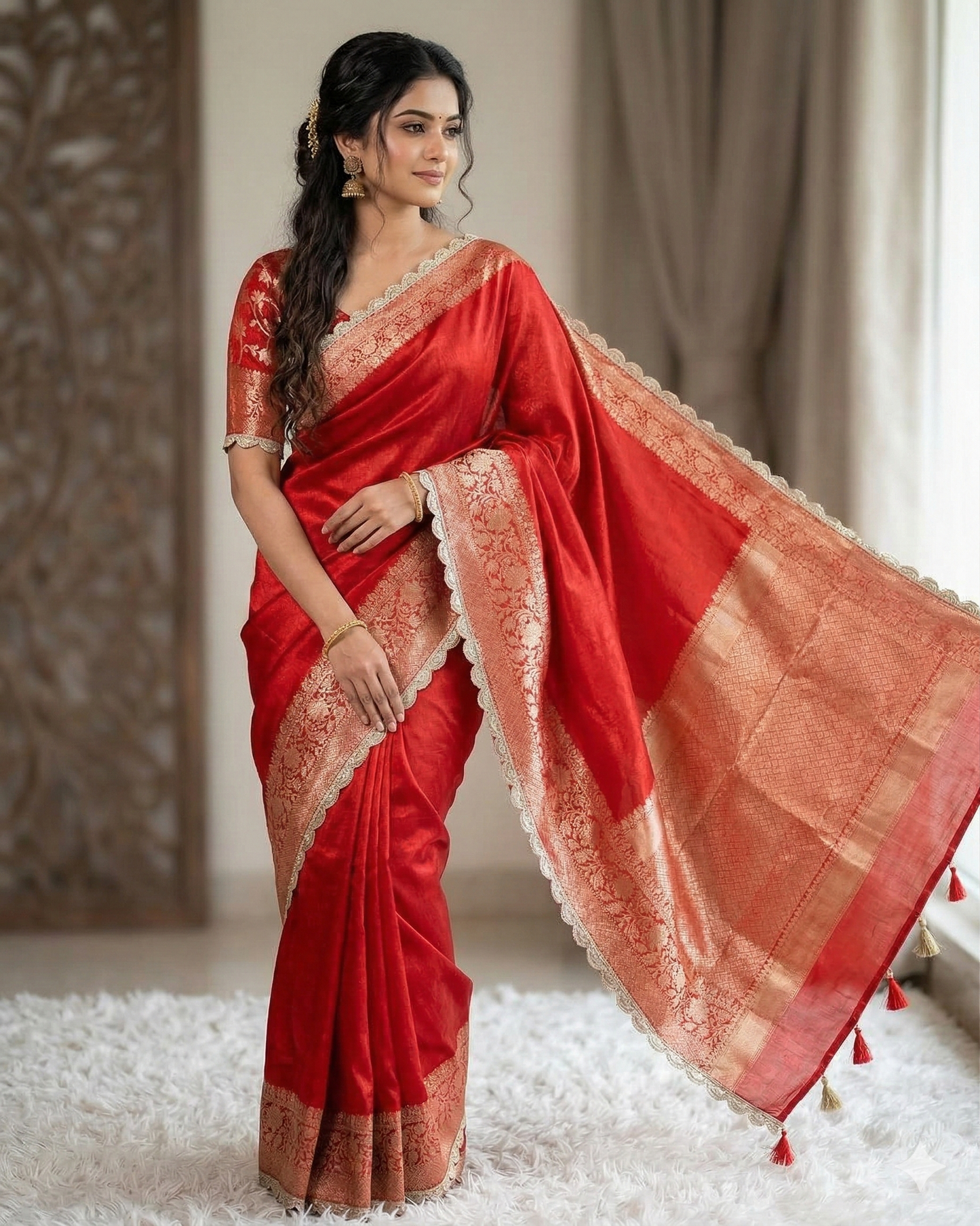 Red Banarasi Tissue Silk Saree With Lace Alna Apparels