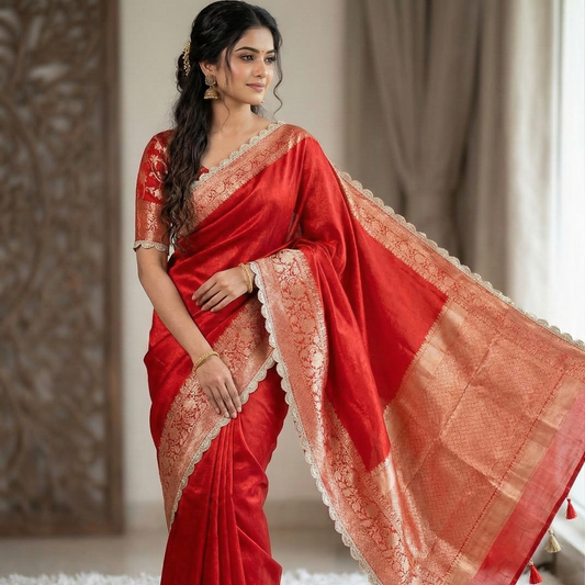 Red Banarasi Tissue Silk Saree With Lace Alna Apparels