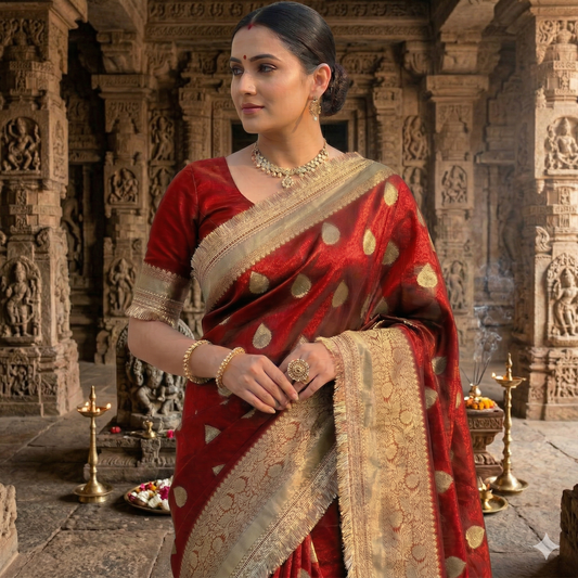 Red Banarasi Tissue Silk Saree With Lace Alna Apparels