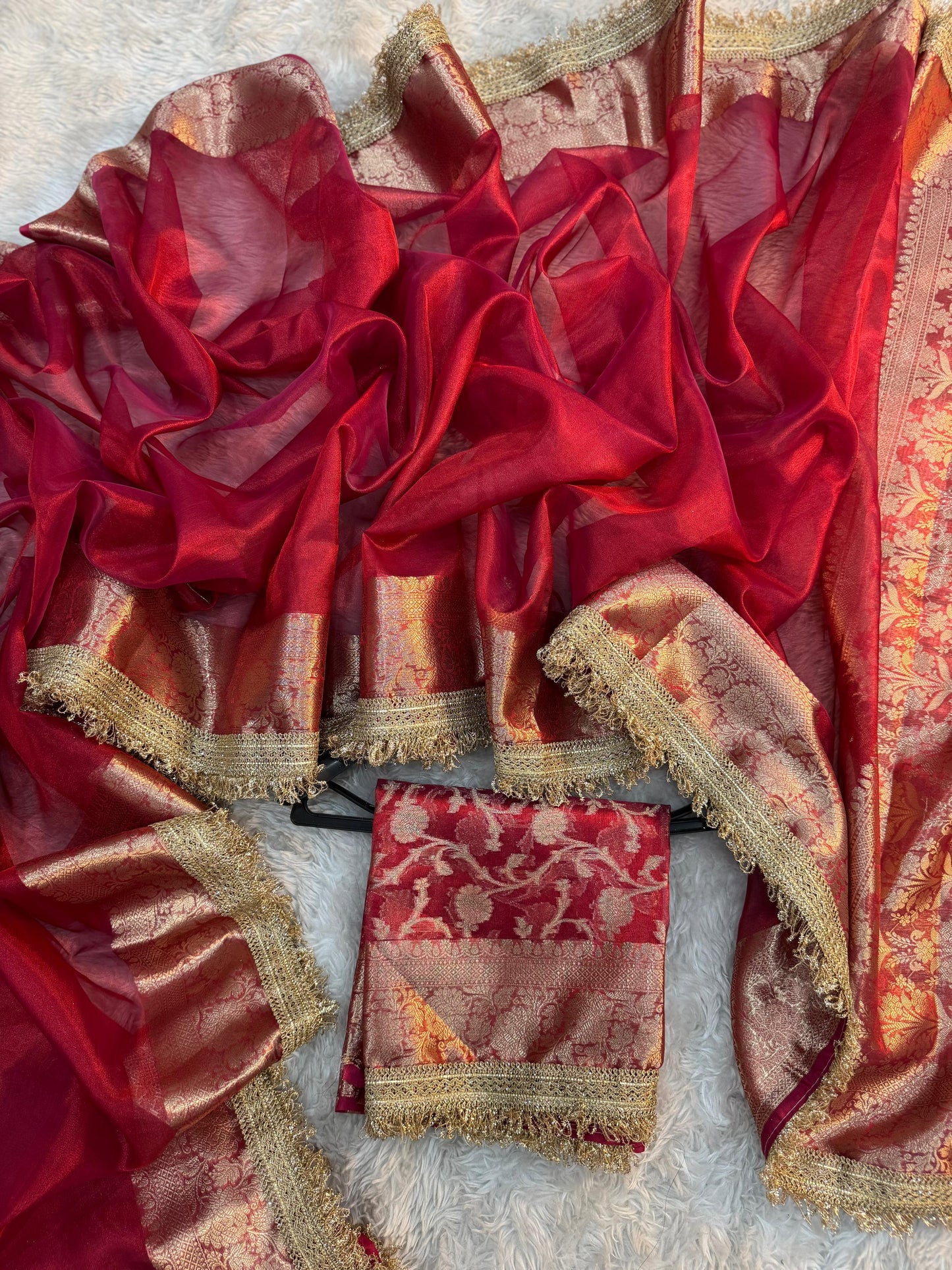 Red Banarasi Tissue Soft Silk Saree With Lace Work Alna Apparels