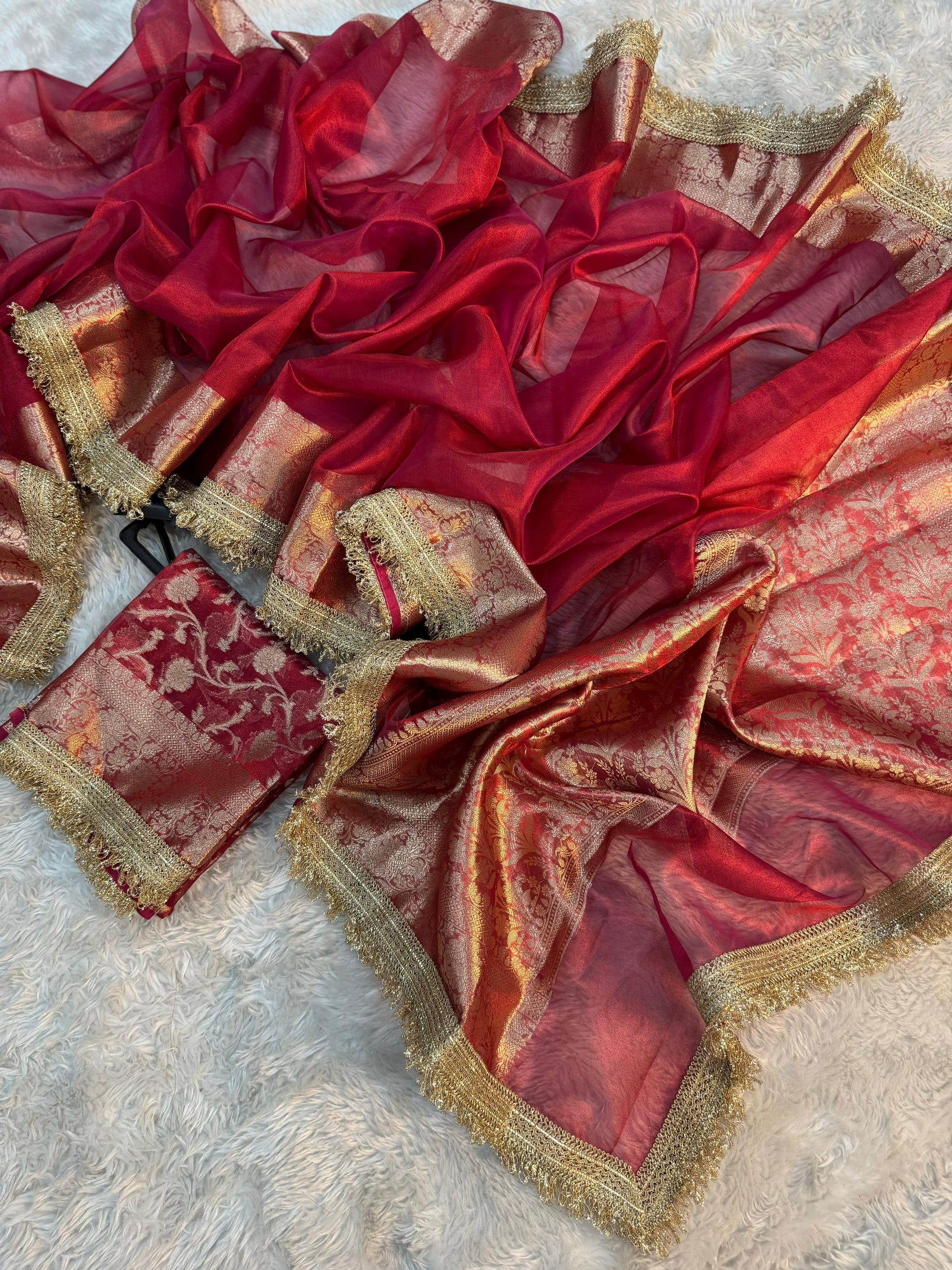 Red Banarasi Tissue Soft Silk Saree With Lace Work Alna Apparels