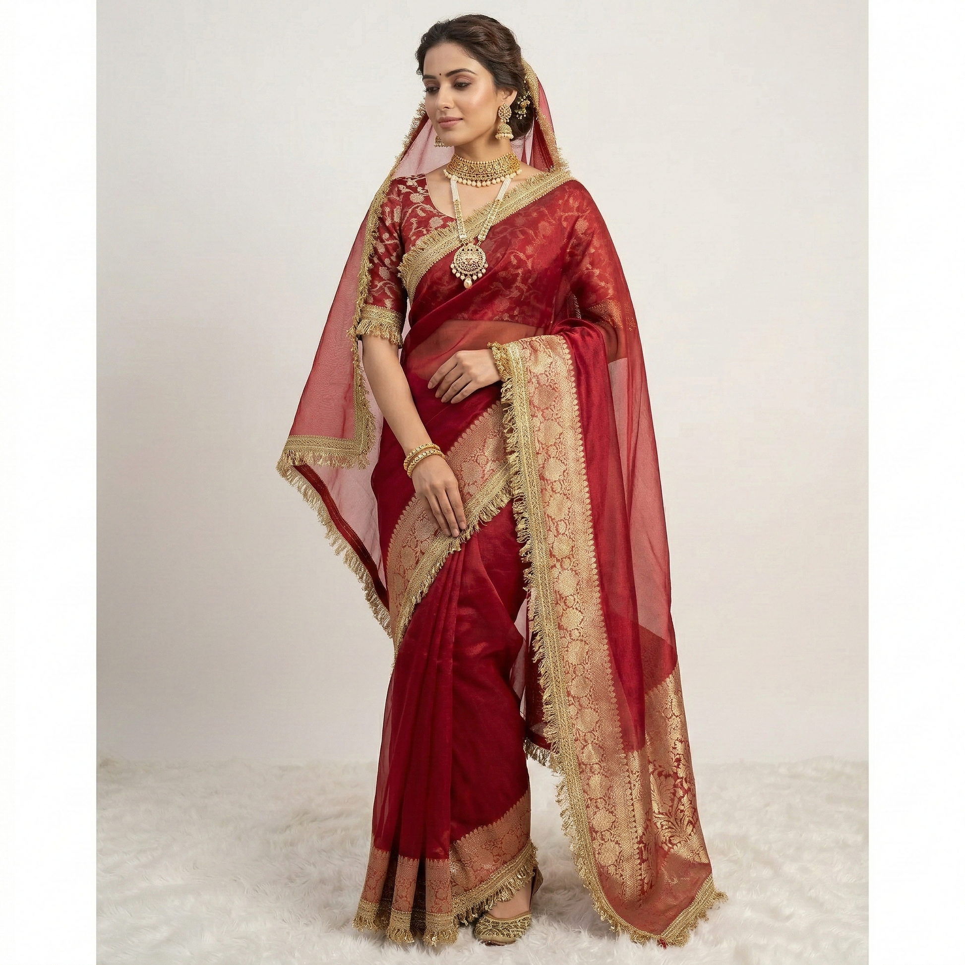 Red Banarasi Tissue Soft Silk Saree With Lace Work Alna Apparels