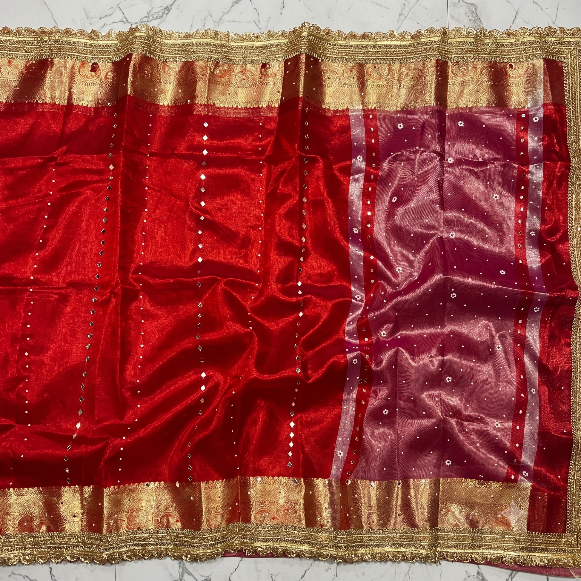 Red Banarsi Tissue Silk Saree with Lace Work and Mirror Work Alna Apparels