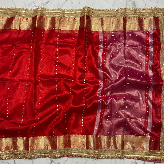 Red Banarsi Tissue Silk Saree with Lace Work and Mirror Work Alna Apparels