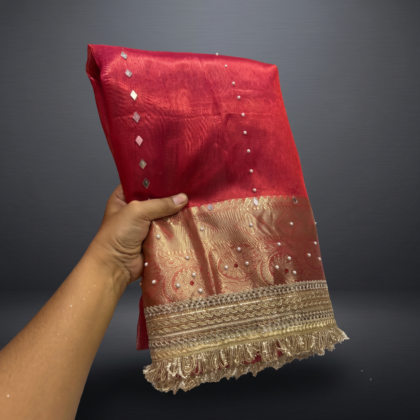 Red Banarsi Tissue Silk Saree with Lace Work and Mirror Work Alna Apparels