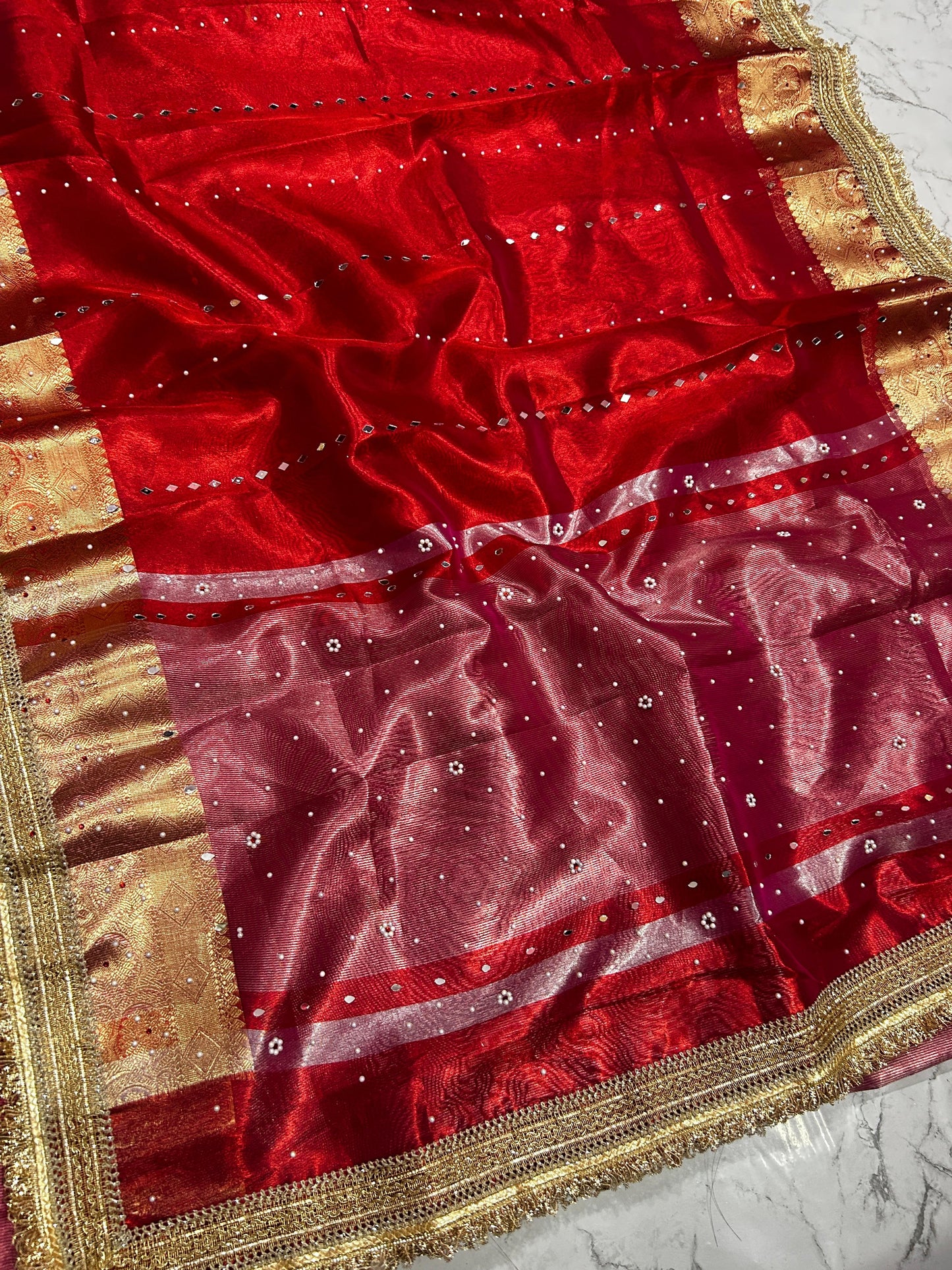 Red Banarsi Tissue Silk Saree with Lace Work and Mirror Work Alna Apparels
