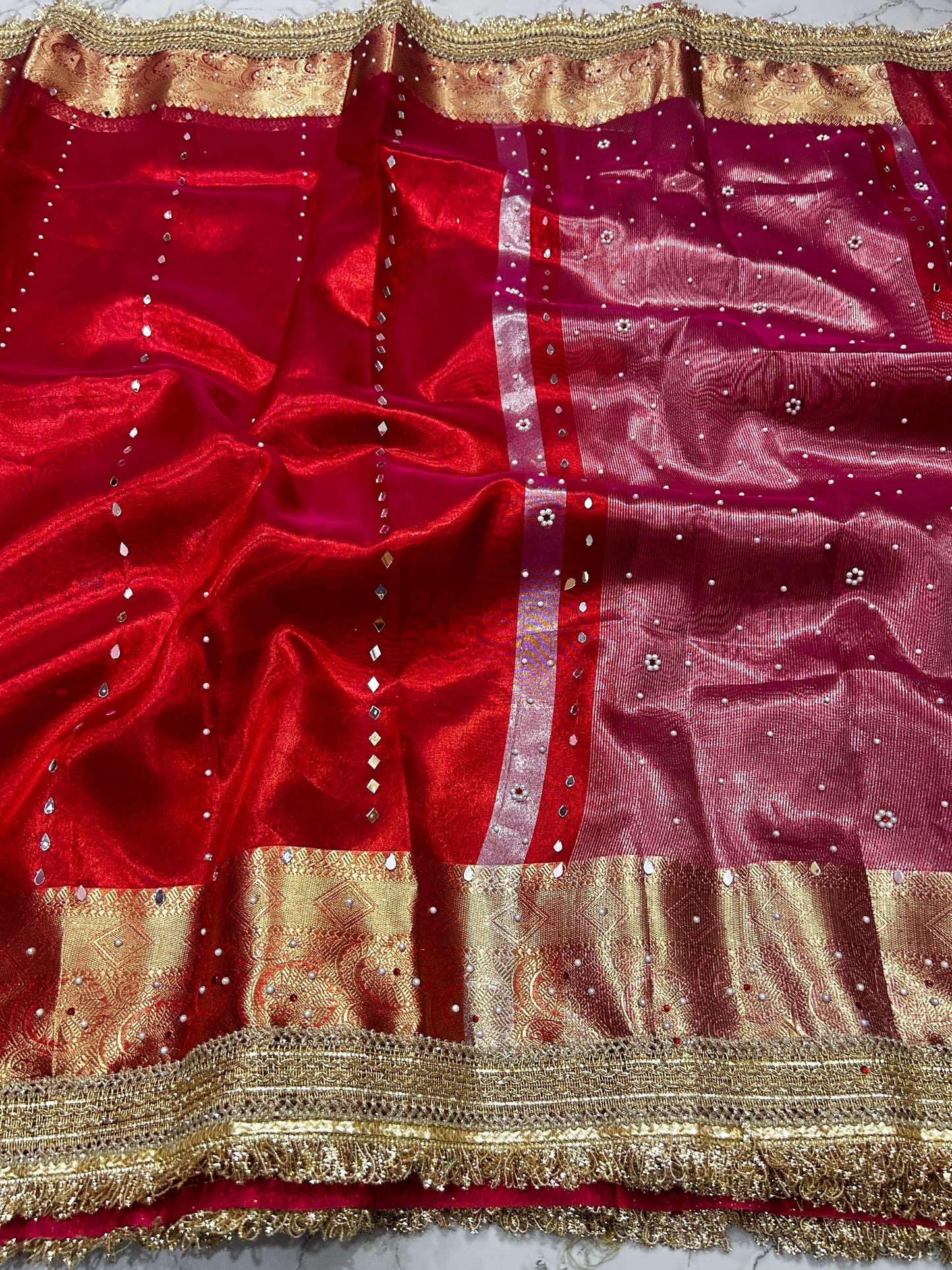Red Banarsi Tissue Silk Saree with Lace Work and Mirror Work Alna Apparels