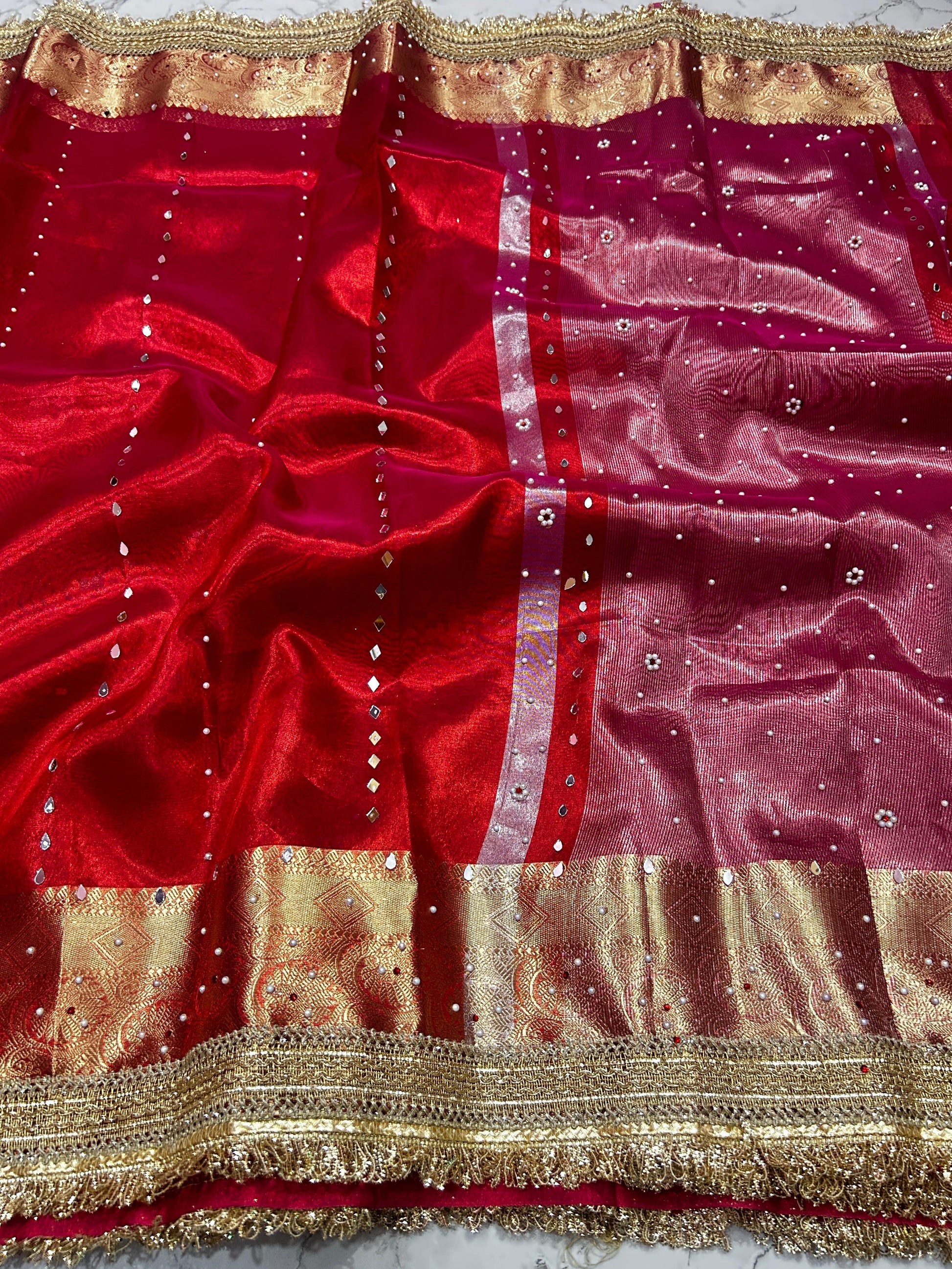 Red Banarsi Tissue Silk Saree with Lace Work and Mirror Work Alna Apparels