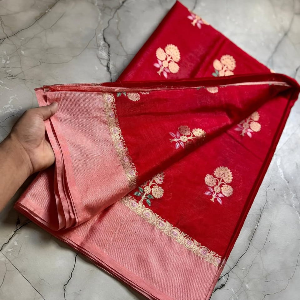 Red Color Banarasi Kathan Soft Silk Saree Alna Apparels