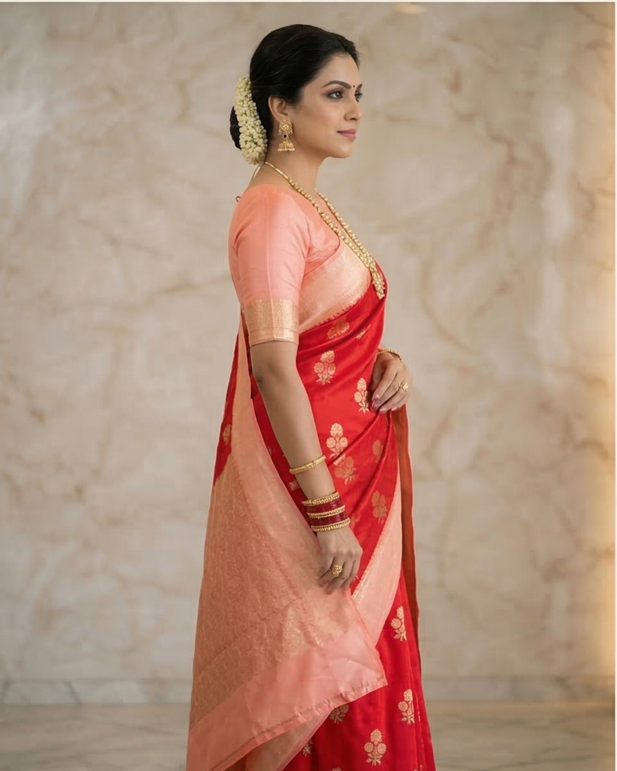 Red Color Banarasi Kathan Soft Silk Saree Alna Apparels