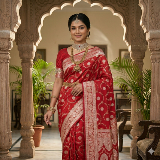 Red Color Banarasi Mashru Silk Saree Alna Apparels