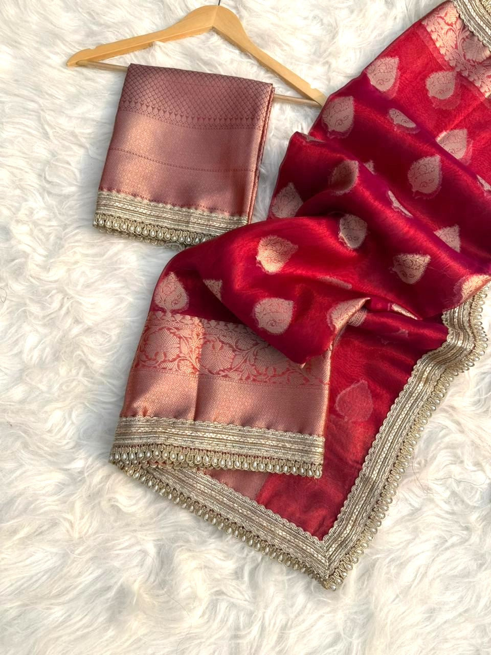 Red color Banarasi Tissue Silk Saree With Lace Work Alna Apparels