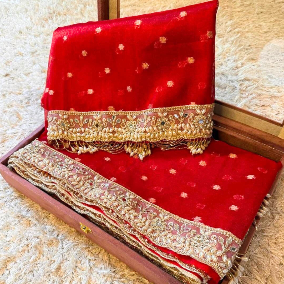 Red Color Banarasi Tissue Silk Saree With Lace Work Alna Apparels