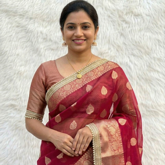 Red color Banarasi Tissue Silk Saree With Lace Work Alna Apparels