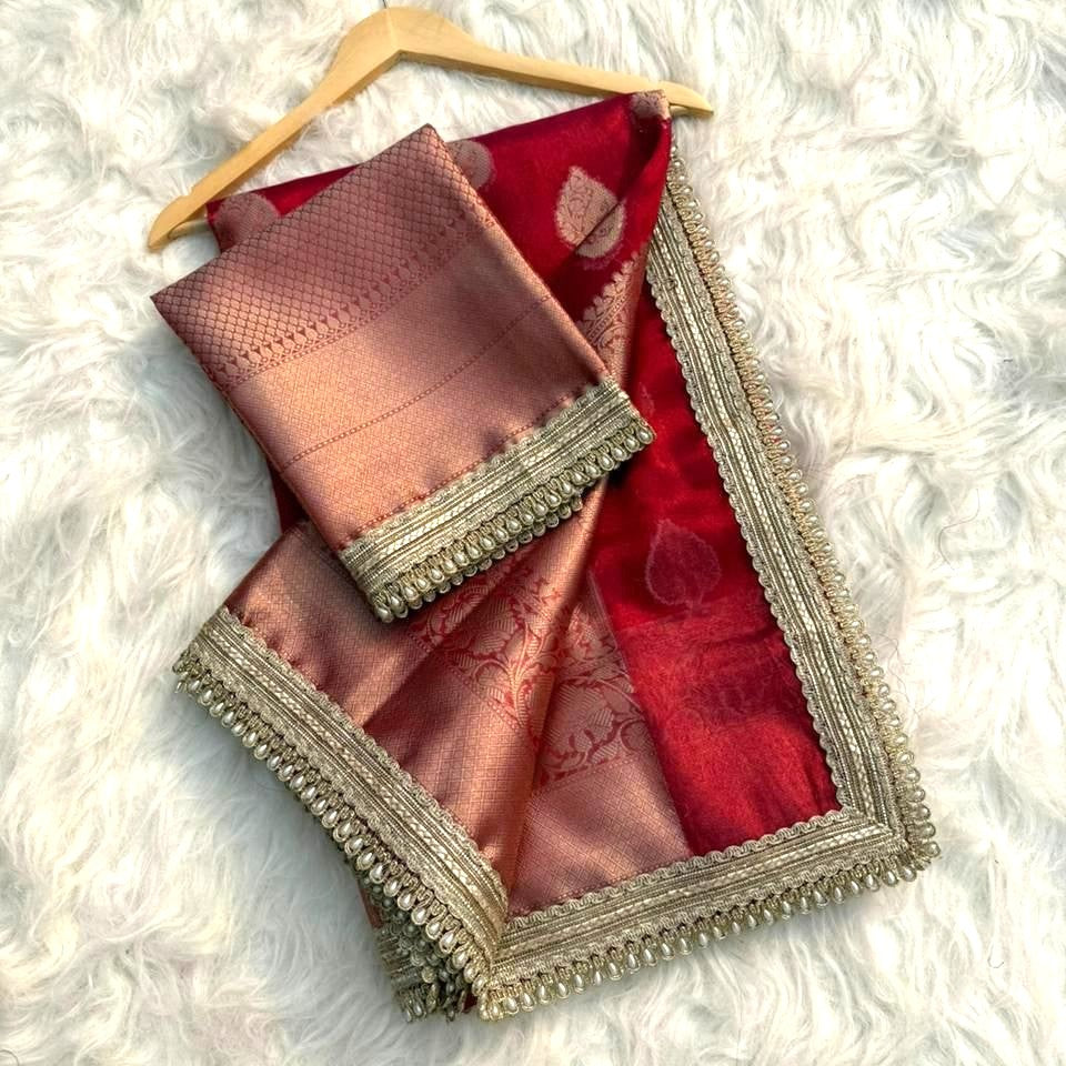 Red color Banarasi Tissue Silk Saree With Lace Work Alna Apparels