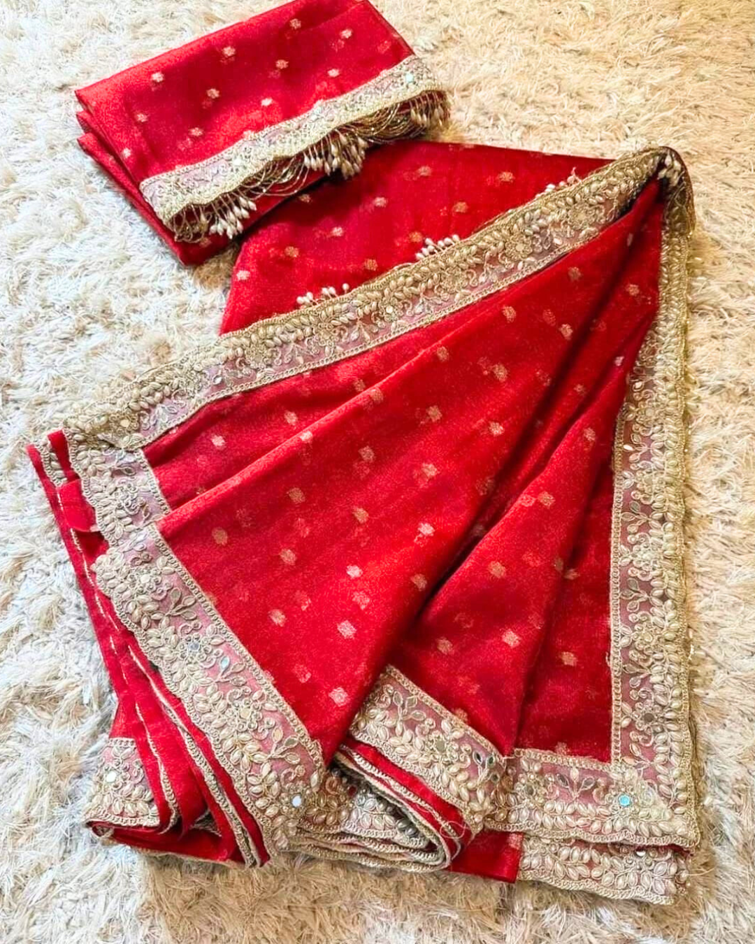 Red Color Banarasi Tissue Silk Saree With Lace Work Alna Apparels