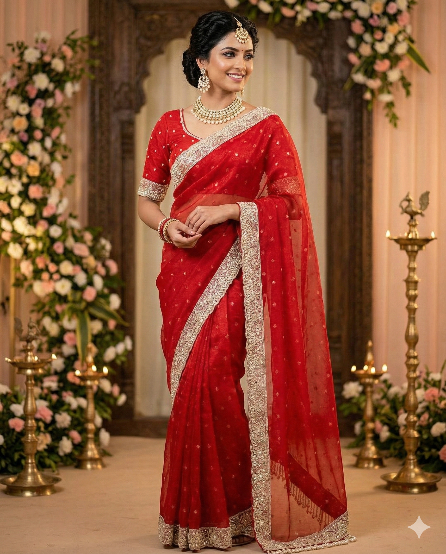 Red Color Banarasi Tissue Silk Saree With Lace Work Alna Apparels