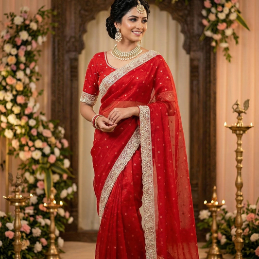 Red Color Banarasi Tissue Silk Saree With Lace Work Alna Apparels