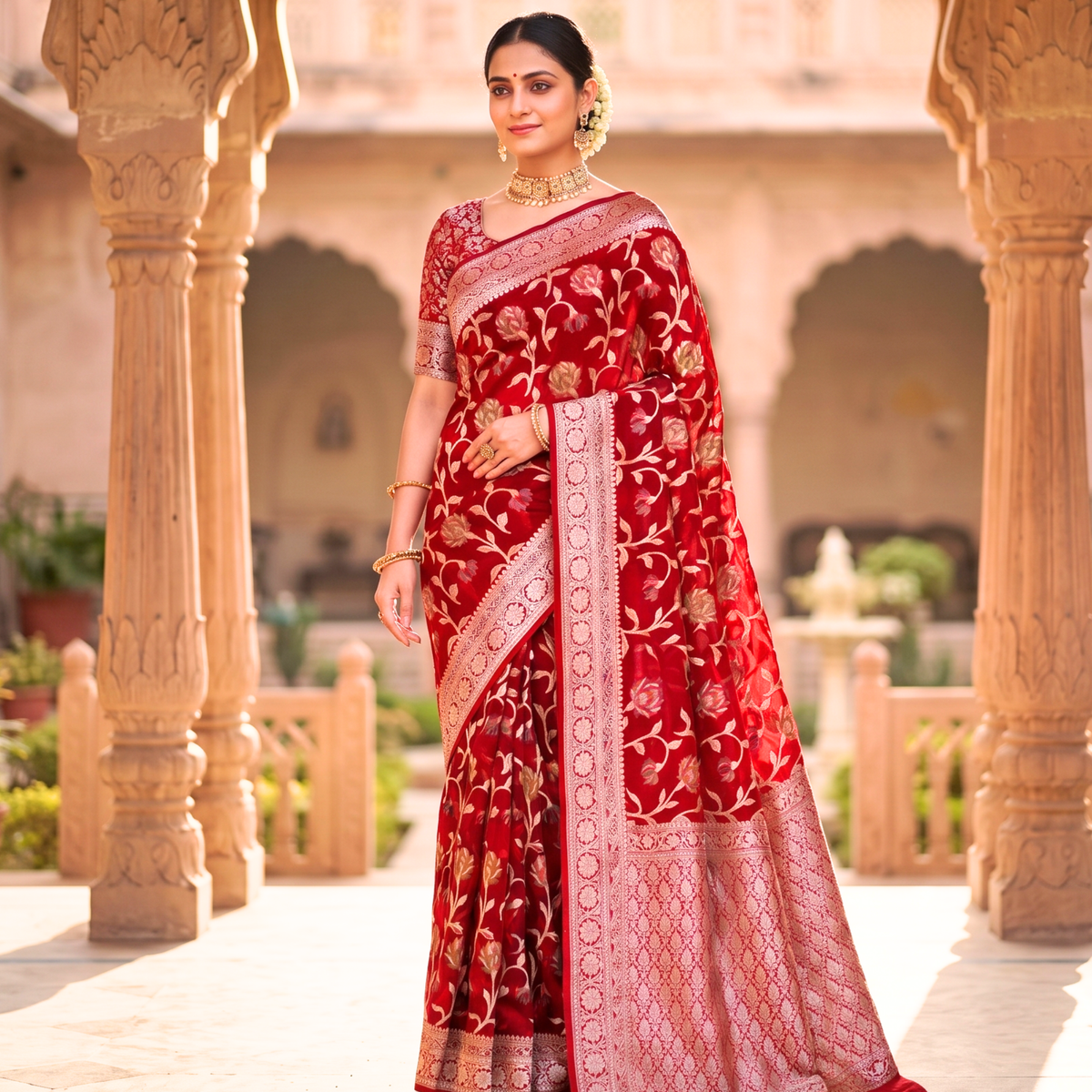 Red Meenakari work Banarasi Silk Saree Alna Apparels