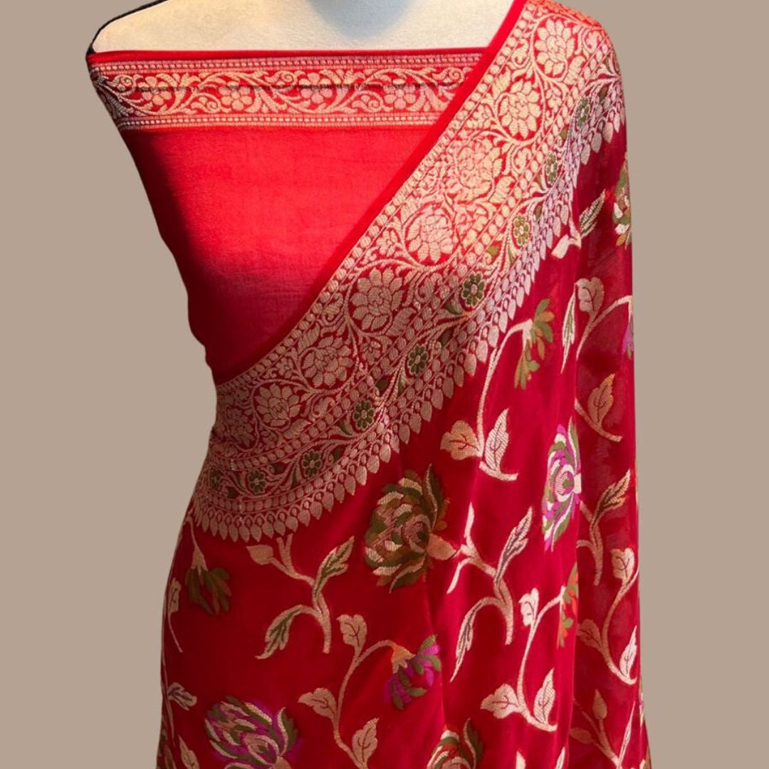 Red Meenakari work Banarasi Silk Saree - Alna Apparels