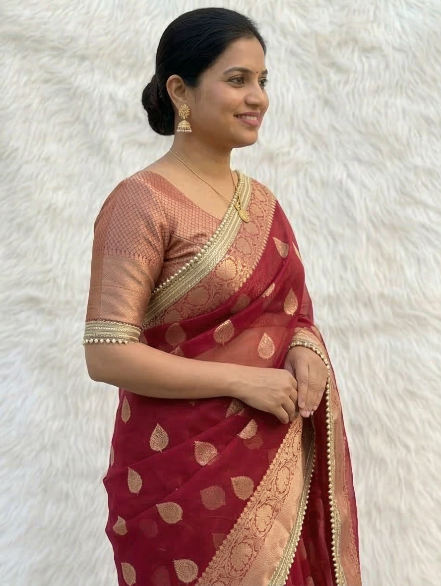 Red color Banarasi Tissue Silk Saree With Lace Work Alna Apparels