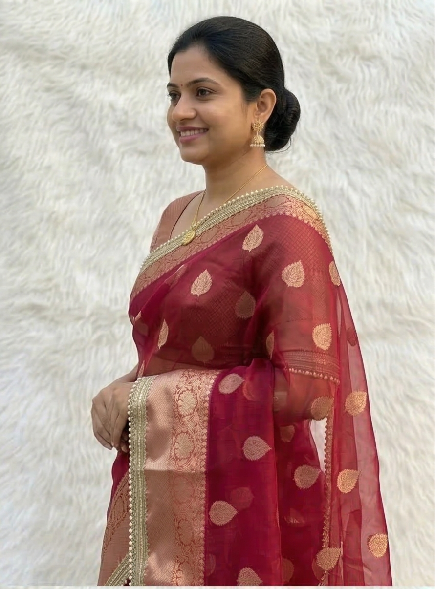 Red color Banarasi Tissue Silk Saree With Lace Work Alna Apparels