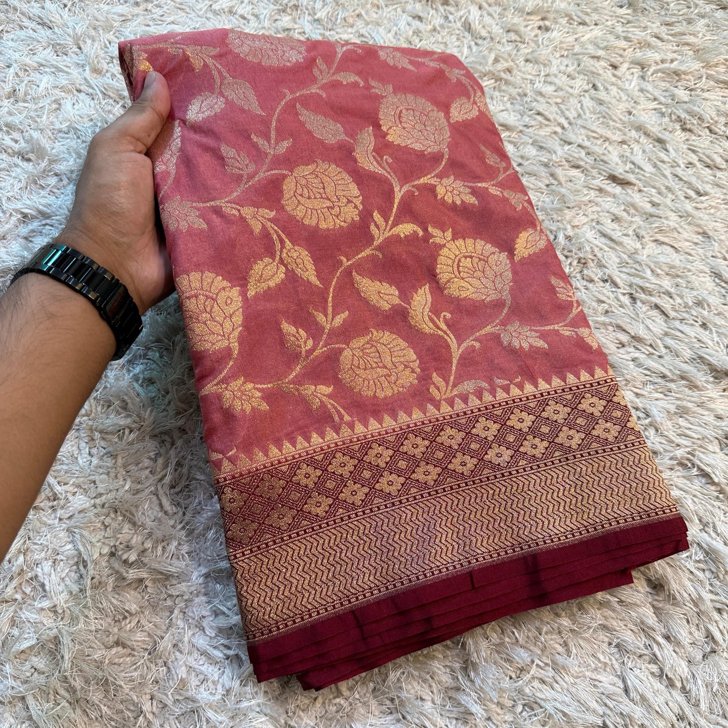 Rose Gold Banarasi Semi Khaddi Kathan Handloom Georgette Silk Saree - Alna Apparels