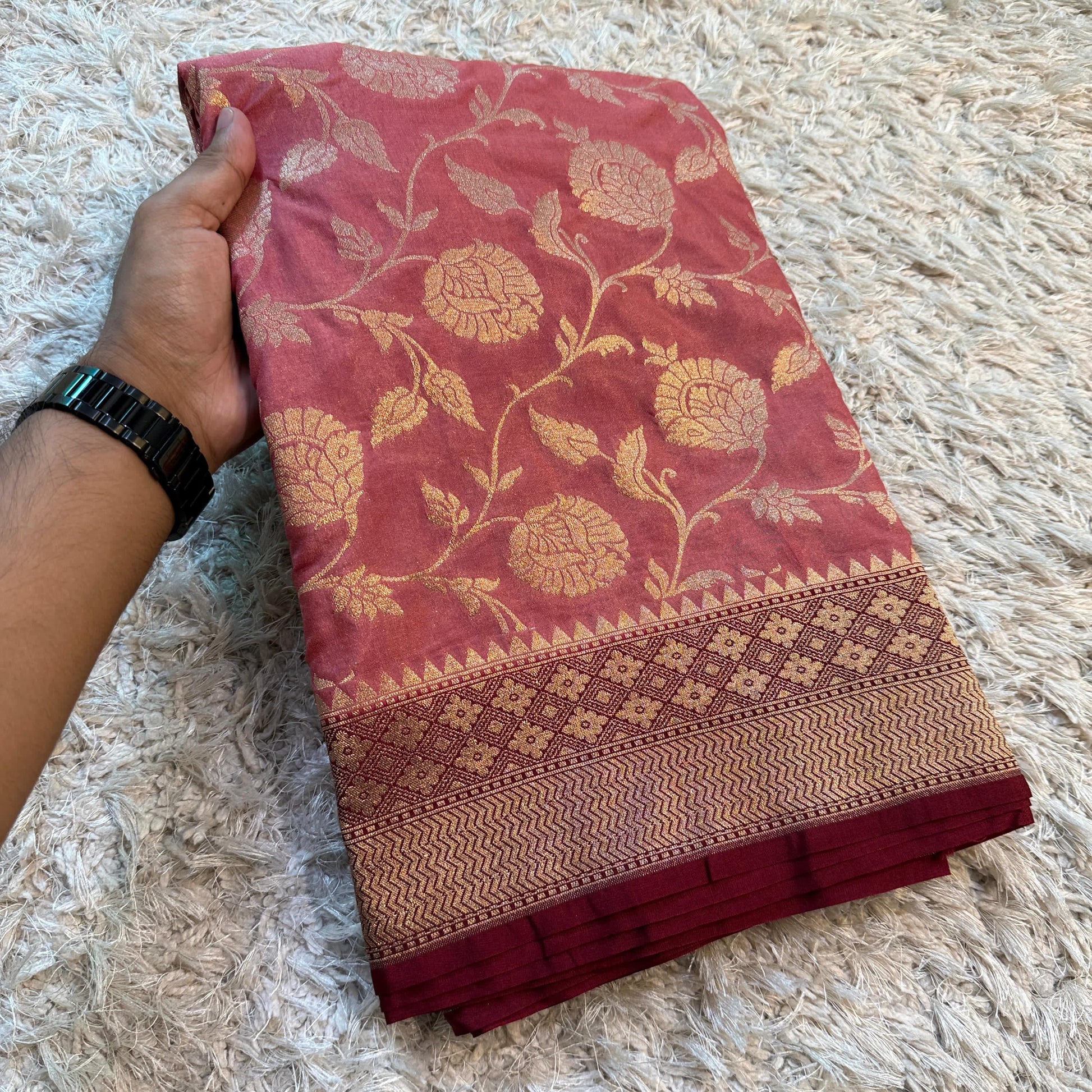 Rose Gold Banarasi Semi Khaddi Kathan Handloom Georgette Silk Saree - Alna Apparels