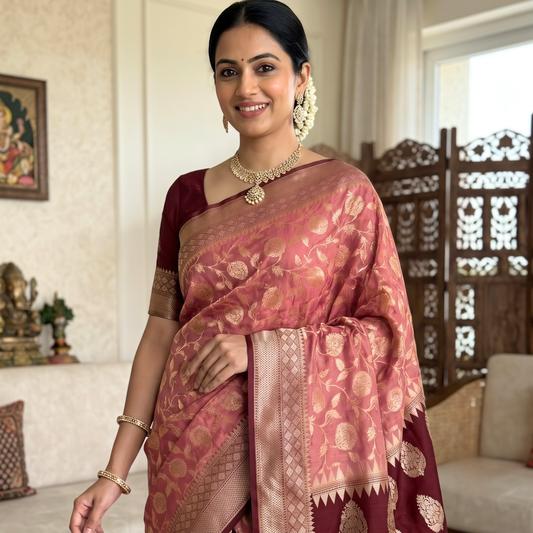 Rose Gold Banarasi Semi Khaddi Kathan Handloom Georgette Silk Saree Alna Apparels