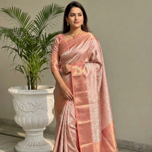 Sai Pallavi inspired Pink Banarasi Tissue Silk Saree Alna Apparels