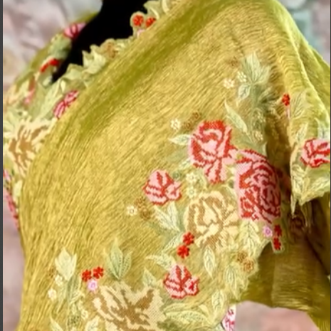 Green Banarasi Crush Tissue Embroidery Cutwork Saree Alna Apparels