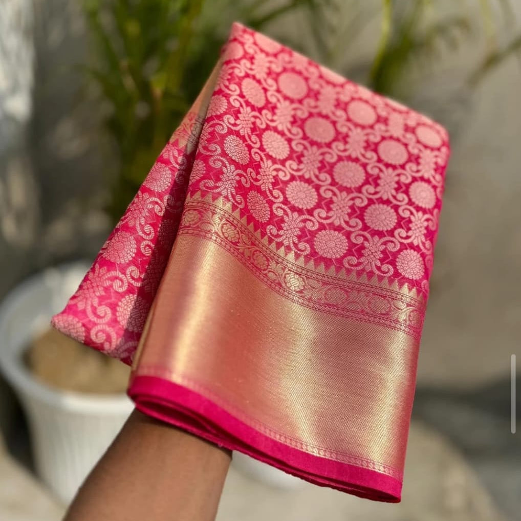 Shruthi Hasan Inspired Pink Banarasi Tissue Silk Saree Alna Apparels