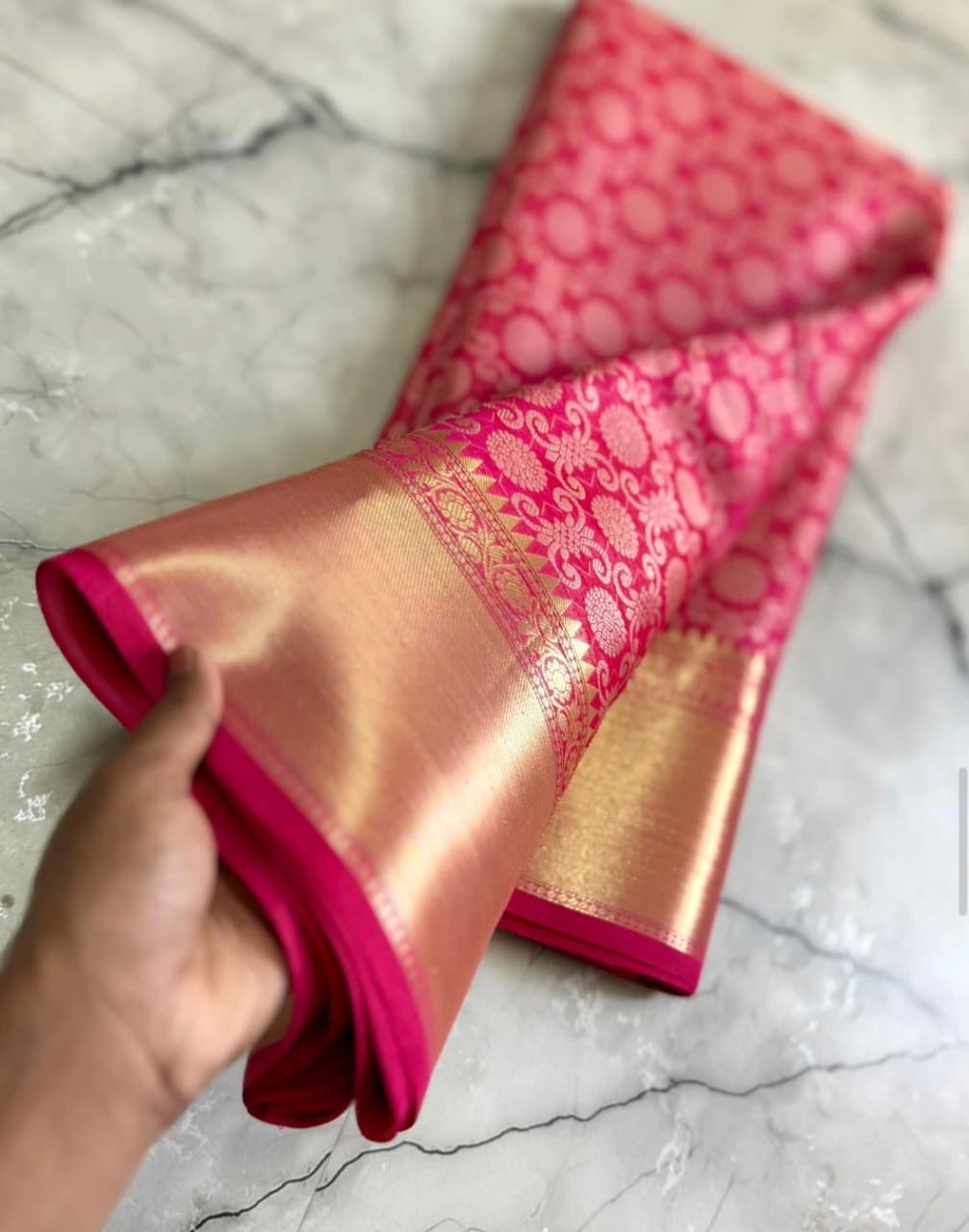 Shruthi Hasan Inspired Pink Banarasi Tissue Silk Saree Alna Apparels
