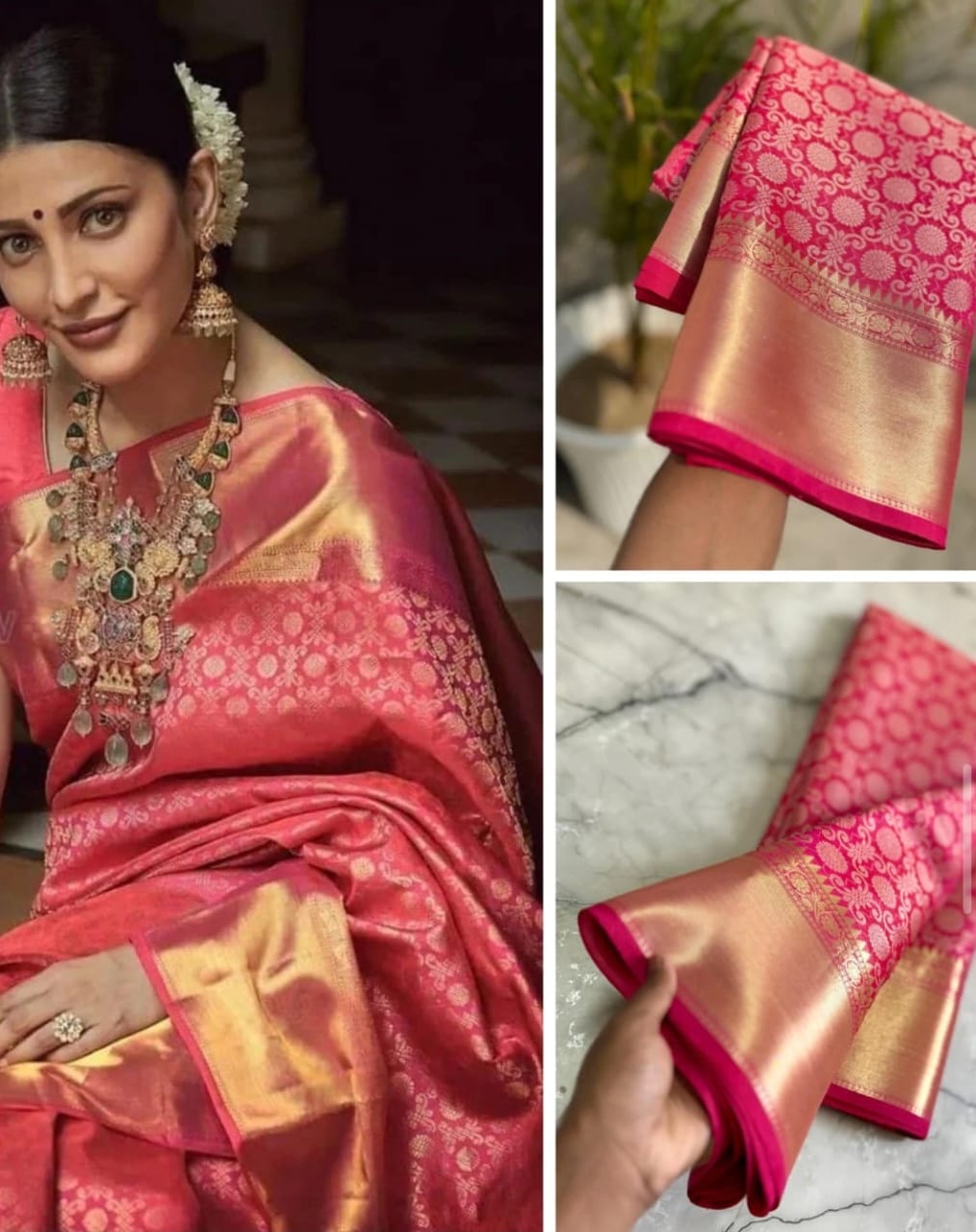 Shruthi Hasan Inspired Pink Banarasi Tissue Silk Saree Alna Apparels