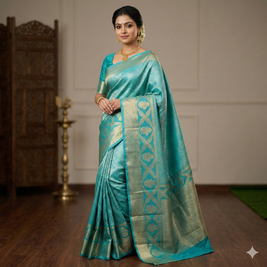 Sky Blue Banarasi Warm Silk Saree Alna Apparels