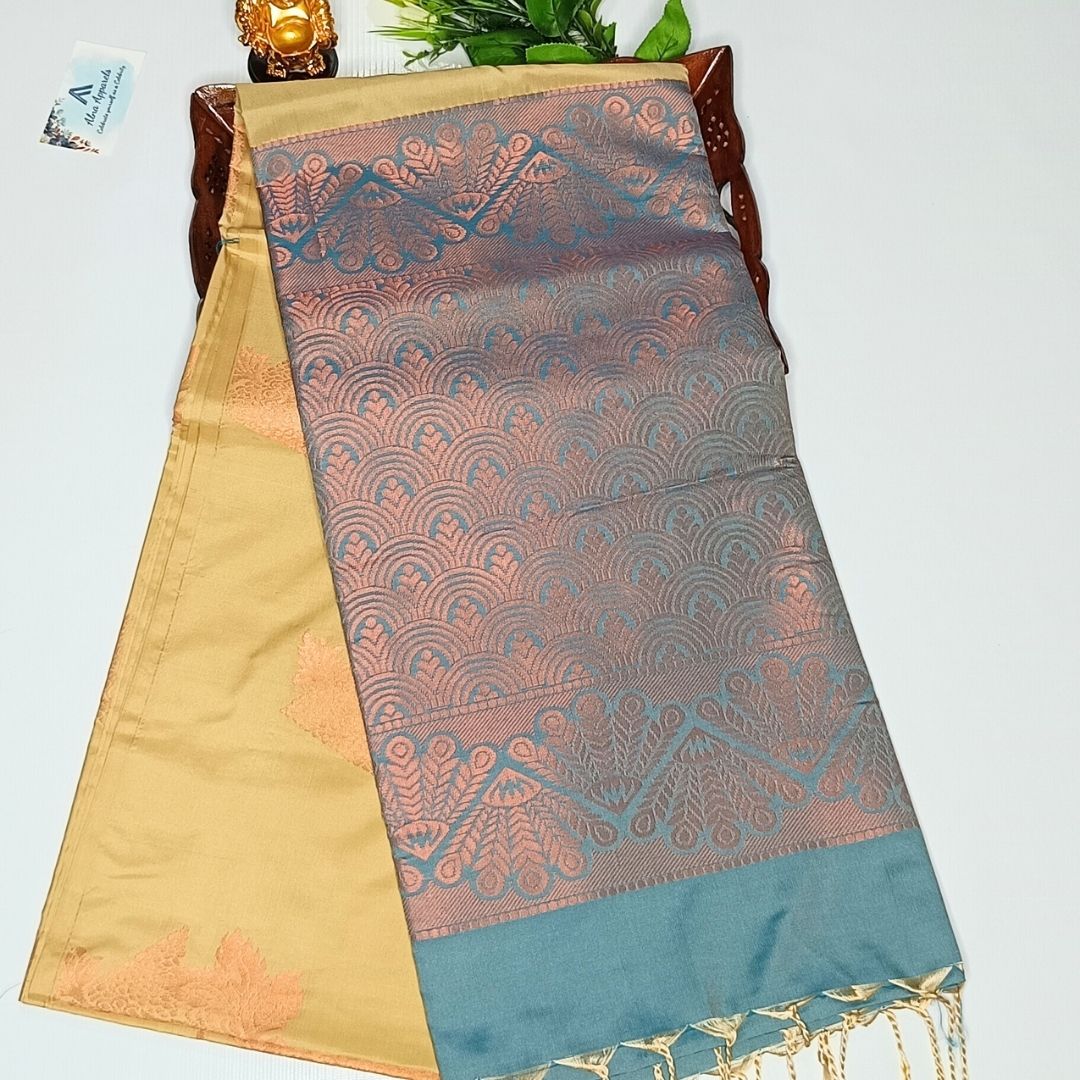 Tan Color Kanchivaram Semi Soft Silk Saree - Alna Apparels