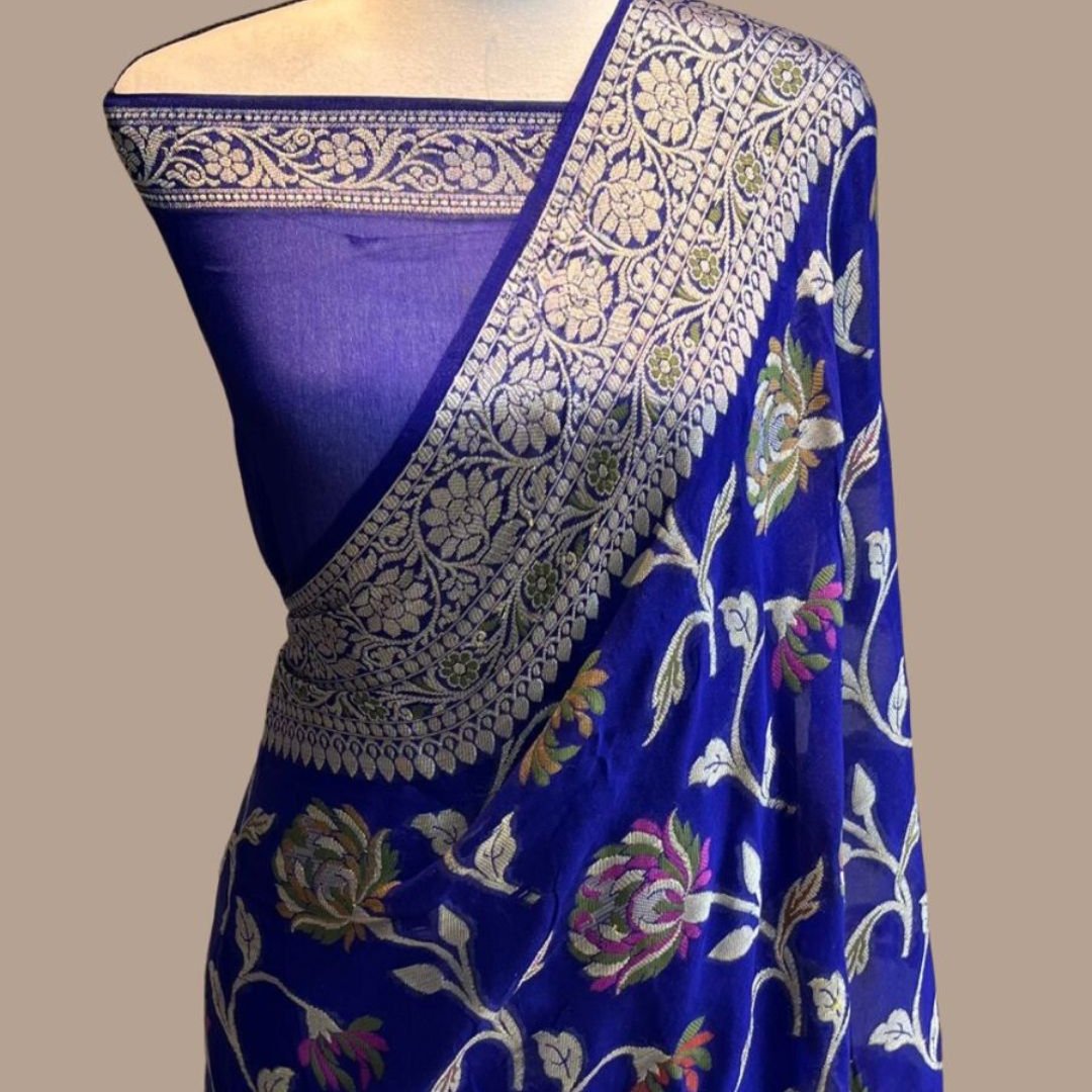 Blue Meenakari work Banarasi Silk Saree Alna Apparels