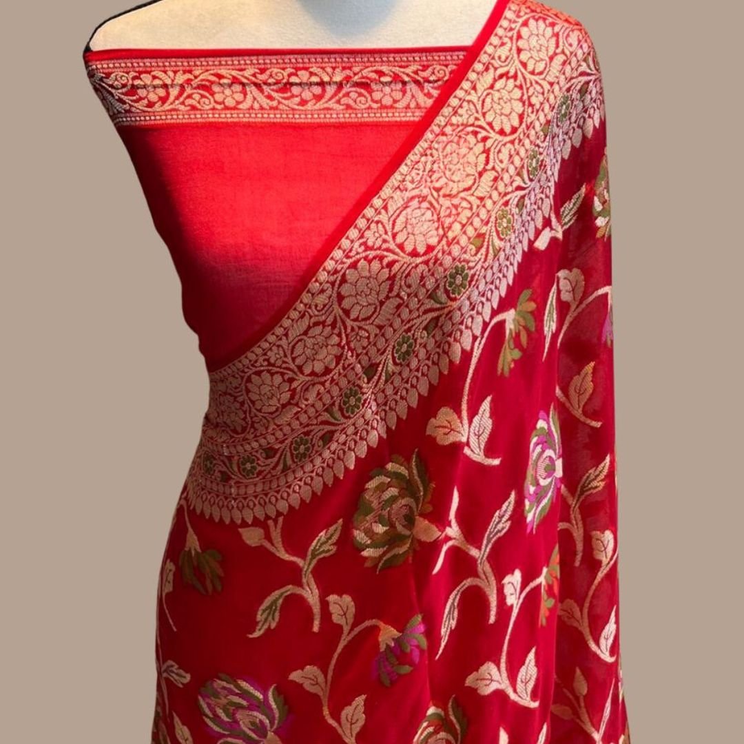 Red Meenakari work Banarasi Silk Saree Alna Apparels