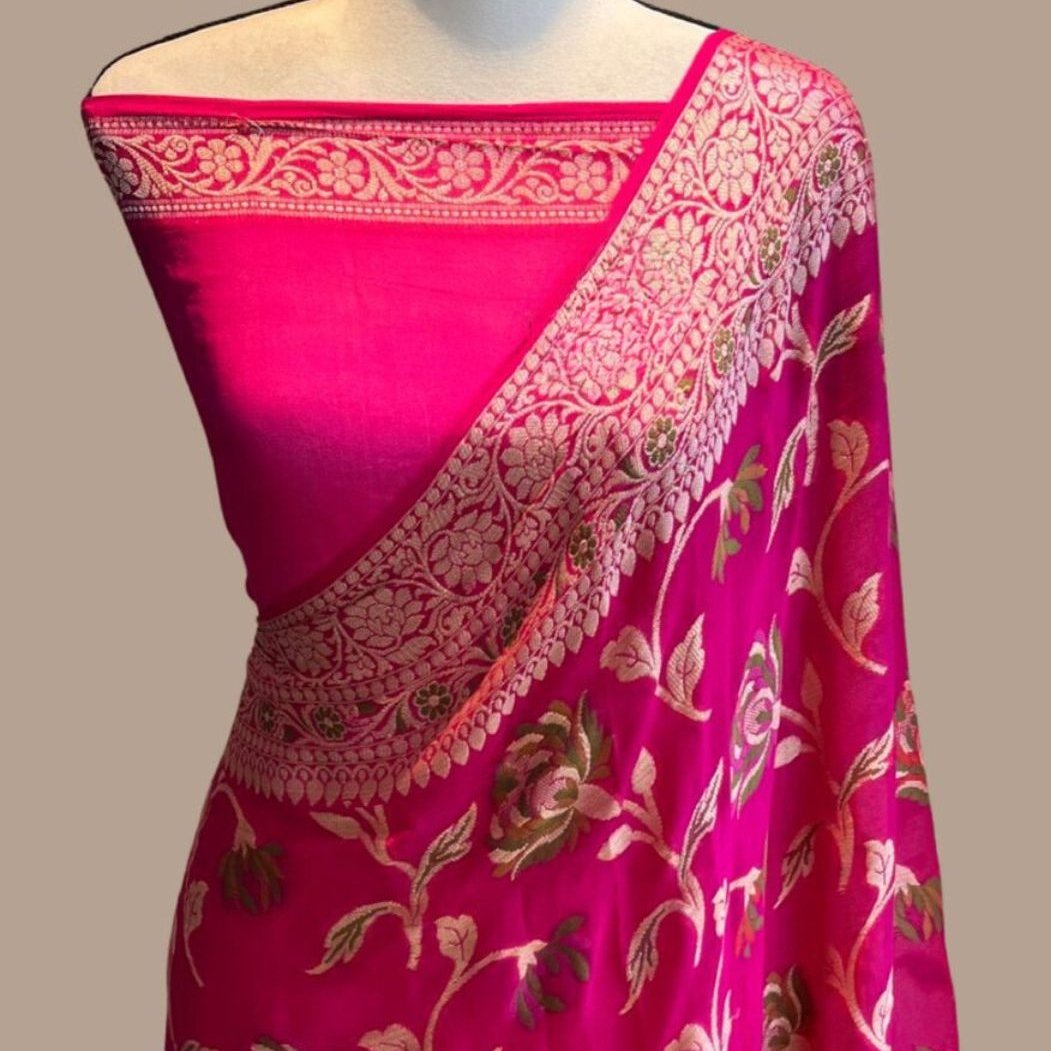 Pink Meenakari work Banarasi Silk Saree Alna Apparels