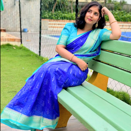 Blue Banarasi Kathan Gorgette Silk Saree Alna Apparels