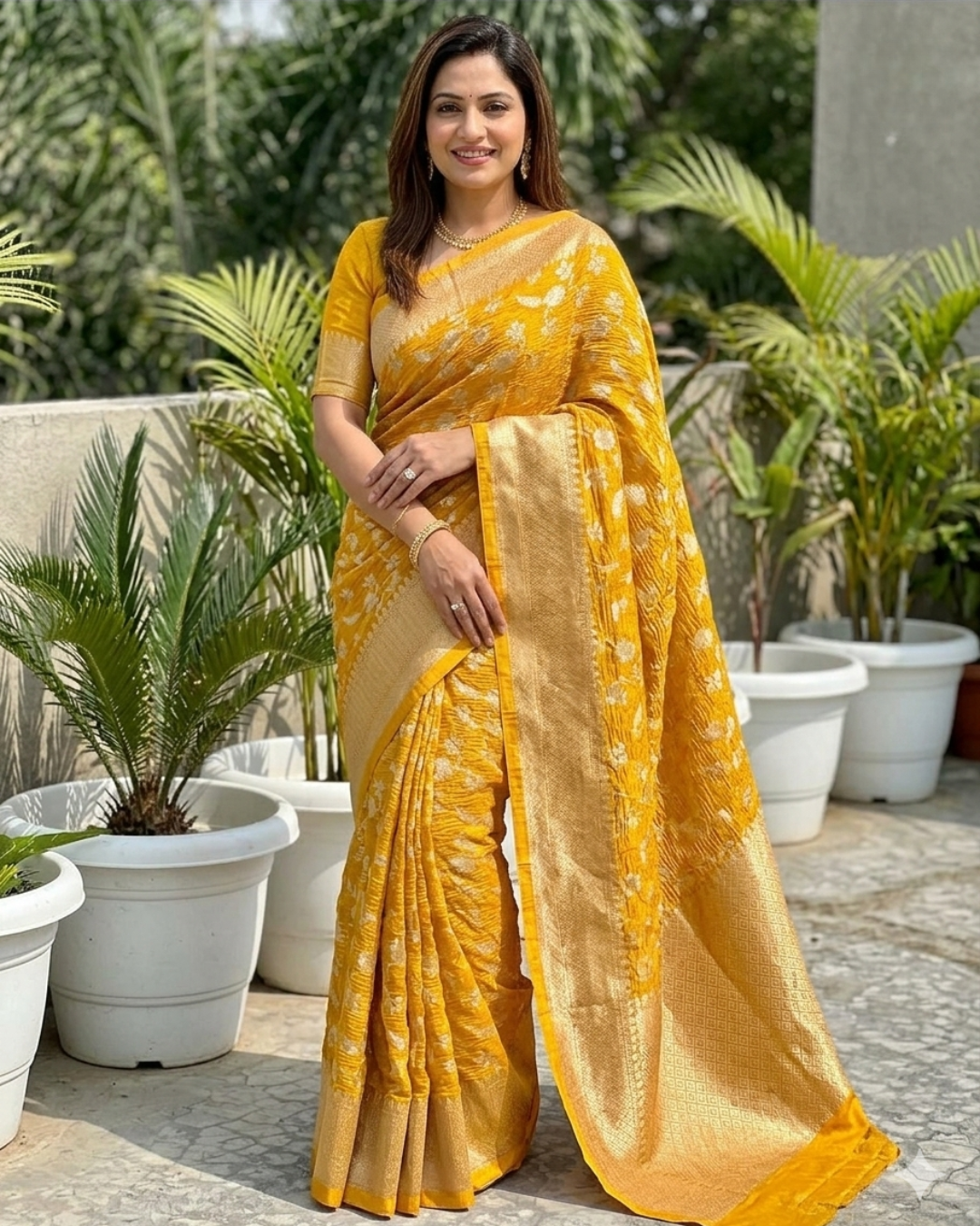 Mustard Banarasi Crush Tissue Silk Saree Alna Apparels