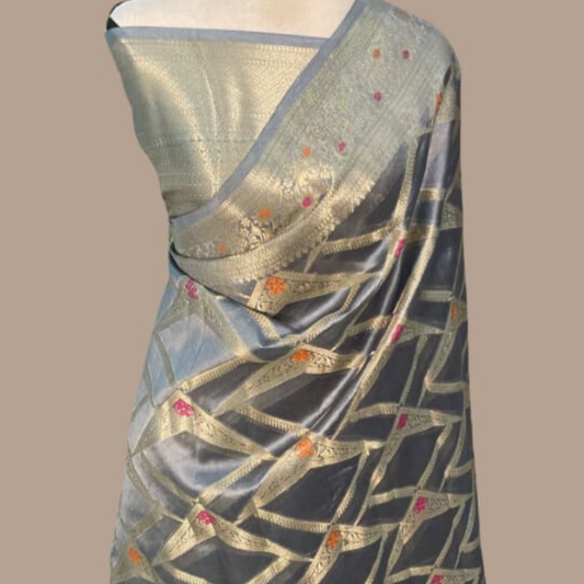 Grey Banarasi Mysore Silk Saree Alna Apparels