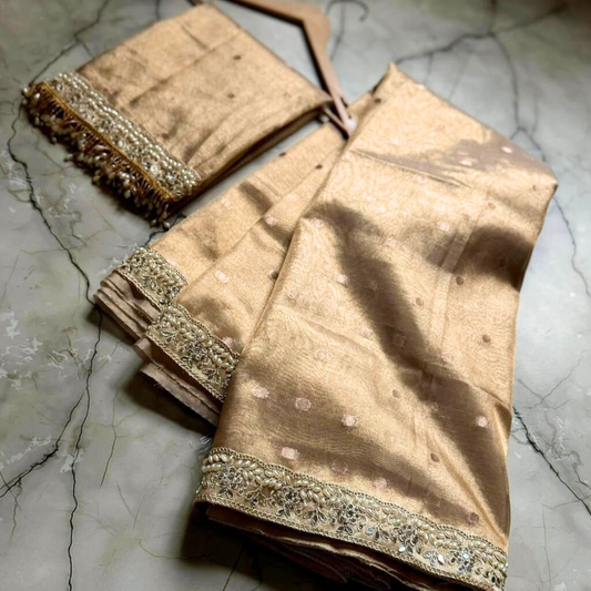 Beige Color Banarasi Tissue Silk Saree With Lace Work Alna Apparels