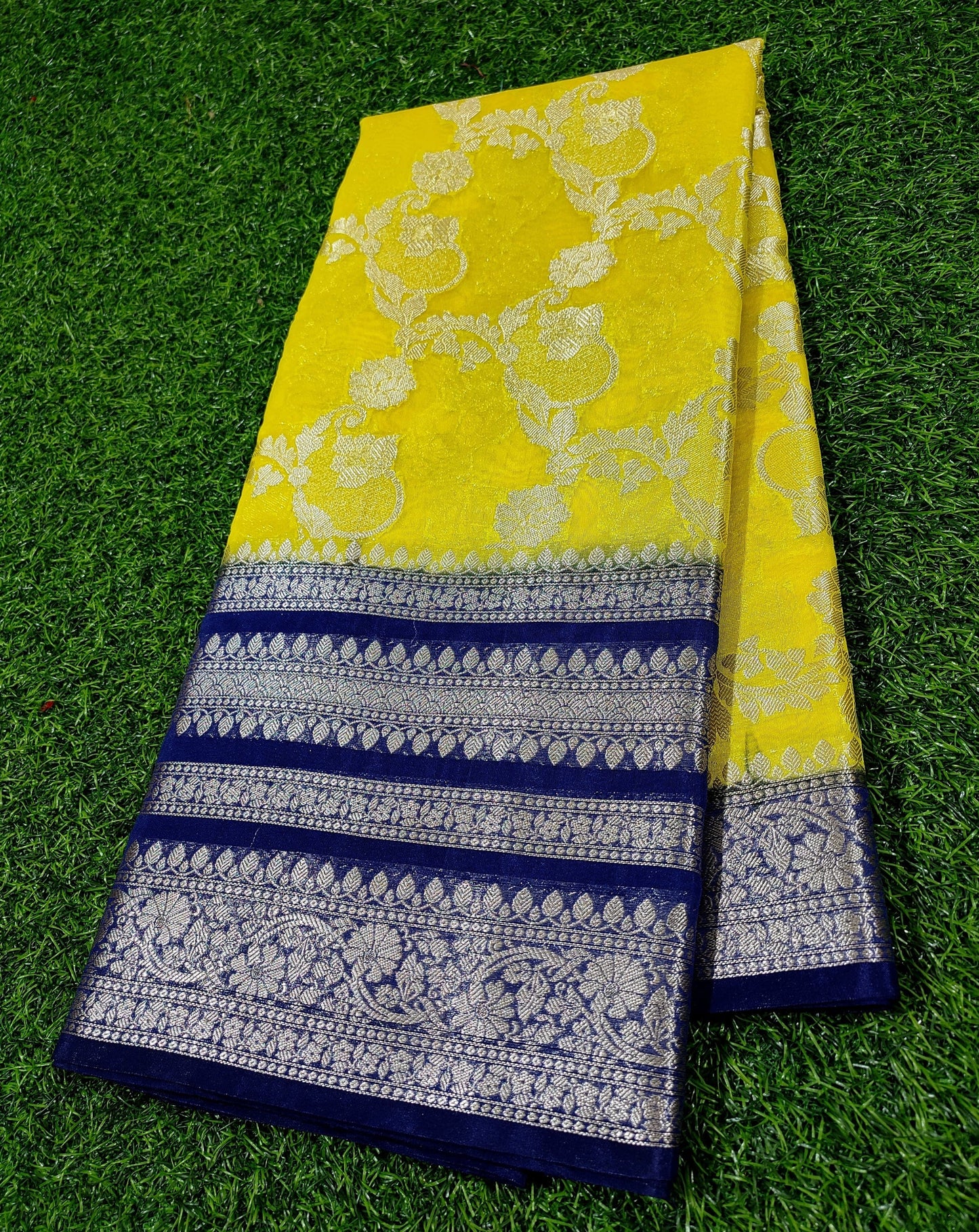 Yellow Color Banarasi Georgette Saree Alna Apparels