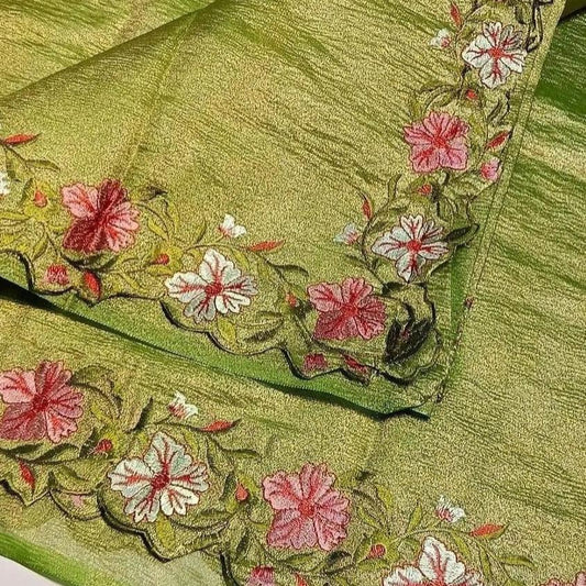 Green Banarasi Crush Tissue Embroidery Cutwork Saree Alna Apparels